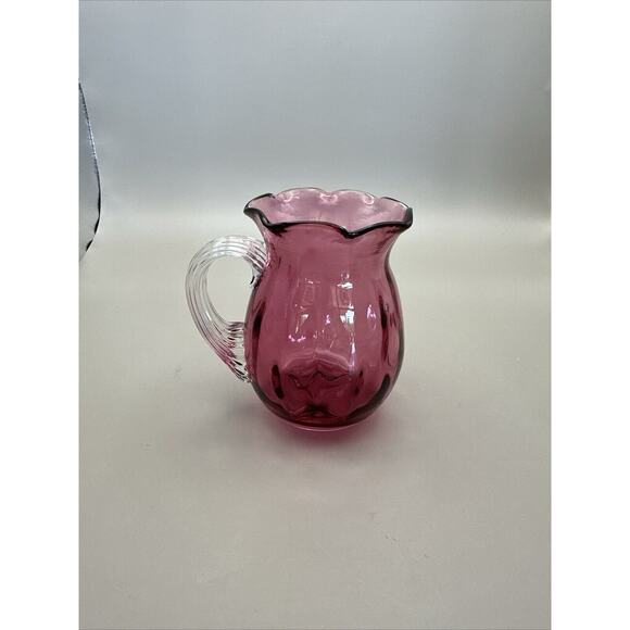 Pilgrim Cranberry Glass Creamer Pitcher Hand Blown Ruffled Top Applied Handle 4” - Picture 2 of 7